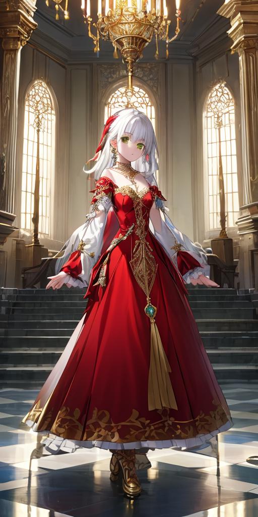 00305-401523519-1Girl, full body, elegant, white hair, green eyes, intricate red gown, silver earrings, palace interior background, golden chand.png